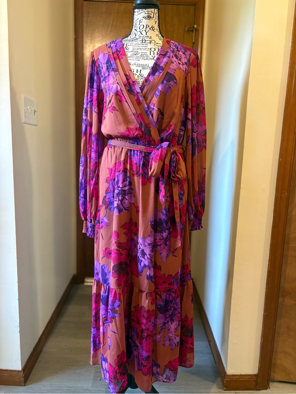 sofia by sofia vergara Rust Floral Wrap Maxi Dress with Pink & Purple Blooms